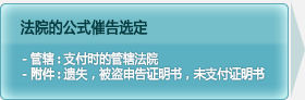 法院的公式催告选定, 管辖支付时的管辖法院, 附件遗失，被盗申告证明书，未支付证明书