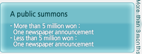 A public summons, More than 5 million won:One newspaper announcement, Less than 5 million won:One newspaper announcement, More than 3 months