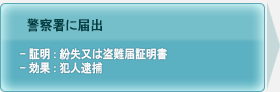 警察署に届出, 添付:紛失又は盗難届証明書, 効果 :犯人逮捕