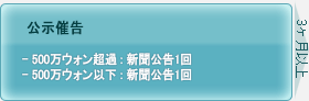 公示催告, 500万ウォン超過:新聞公告1回, 500万ウォン以下:新聞公告1回, 3ヶ月以上